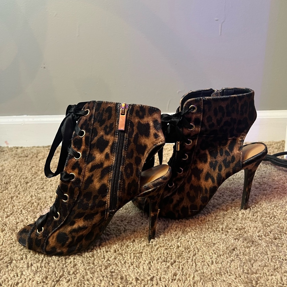 Leopard print high heeled booties